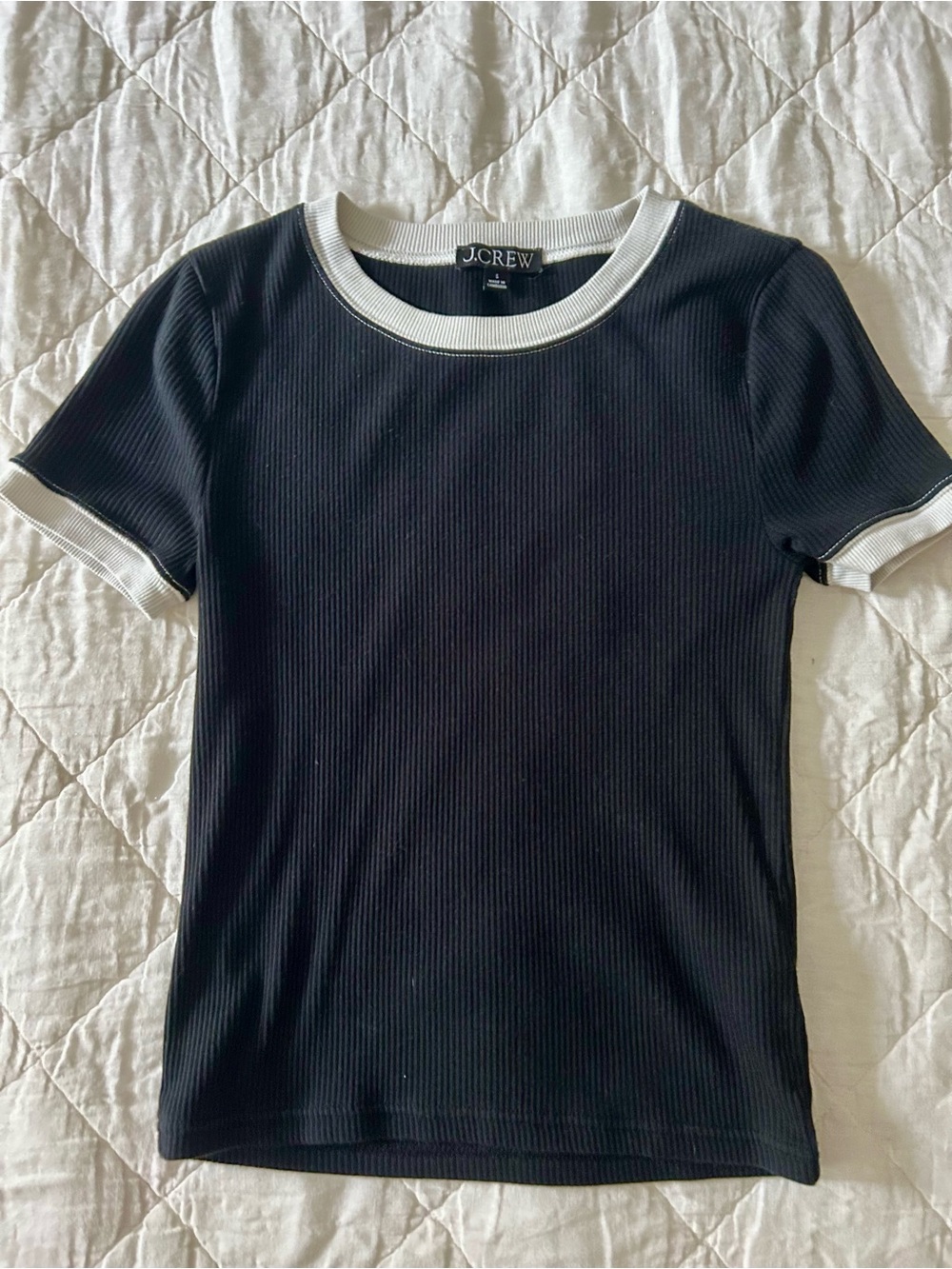 J. Crew Black Ribbed Short Sleeve Tee with White Trim